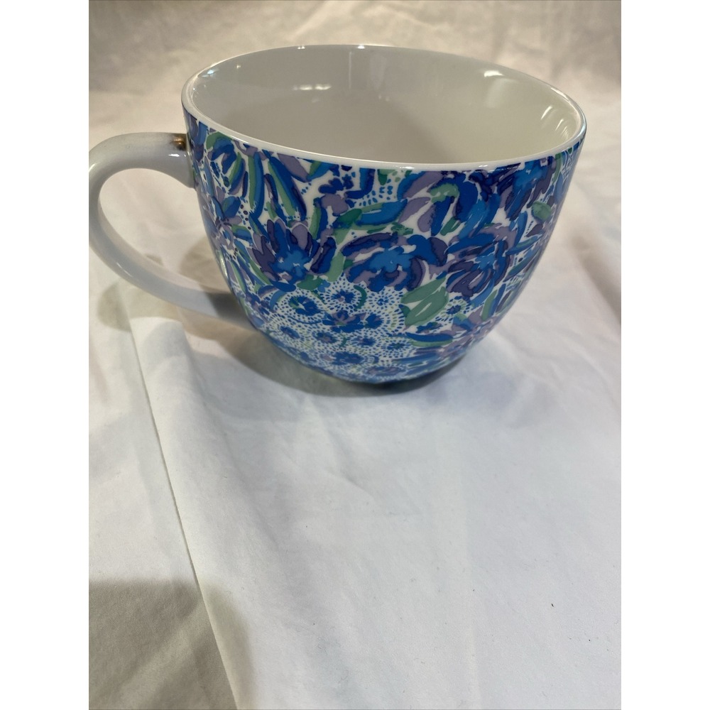 Lilly Pulitzer Floral Mug Cup‎ Lion Hidden Cat Design Gold Accent Handle Ceramic